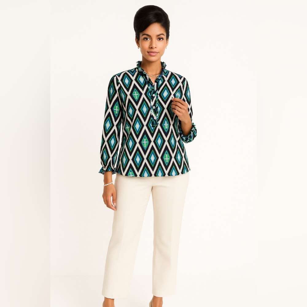 Tory Burch Black and Blue Diamond Button Down pullover Shirt sz 4 cotton